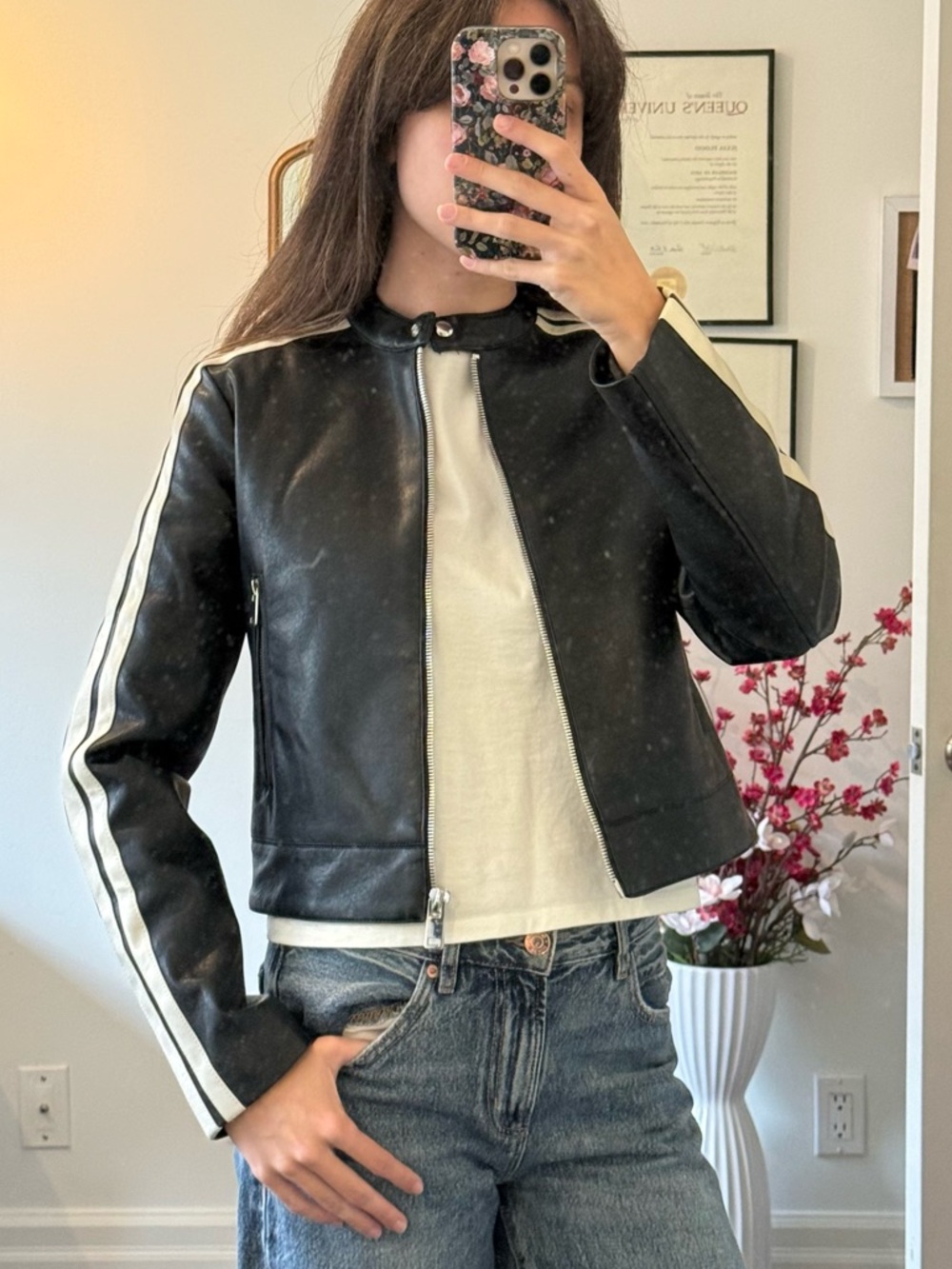 Mango Black Moto Leather Jacket with White Stripes